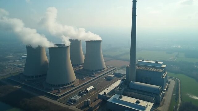 Aerial drone footage of a large coal power plant station with cooling towers chimney and boiler house in an air pollution or carbon footprint concept