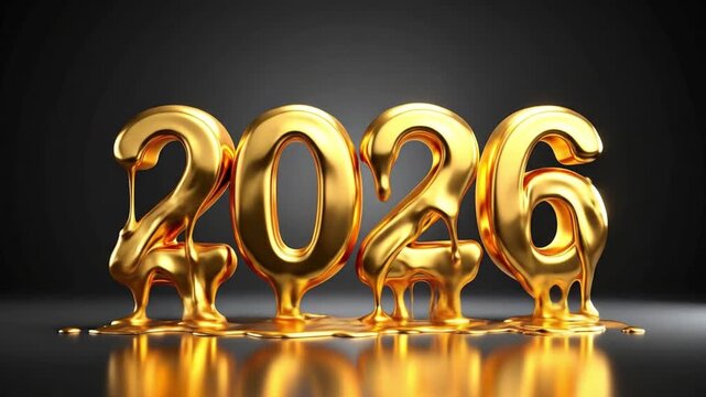 Golden 2026 New Year's date with liquid gold effect on a black background.