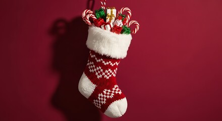 Festive Christmas Stocking Overflowing with Gifts and Candy Canes on Red Background