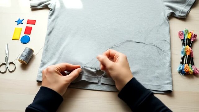 Hands repairing a t-shirt with needle and thread, colorful embroidery floss, and patches on a wooden table