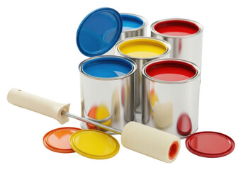 Four vibrant silver metallic paint cans (blue, orange, yellow, red), propped lid, roller on transparent studio background, sharp focus. Concept for home renovation and DIY projects