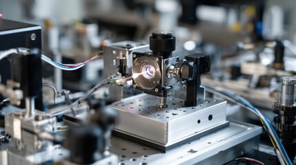 Fototapeta premium Detailed shot of optical components and cables connected on a research bench as physicist calibrates instruments for quantum optics experiments in scientific facility.