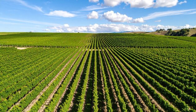 Aerial View of Vineyard with Diagonal Rows of Green Vines Under Blue Sky