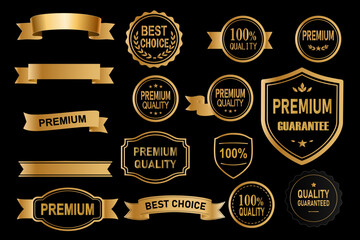 Elegant gold and black premium quality labels and ribbons in various shapes-perfect for luxury branding, product packaging, and marketing. Includes guarantee, best choice, and 100% quality badges