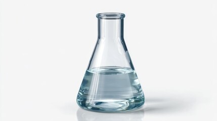 Transparent Erlenmeyer flask partially filled with clear liquid against white background