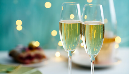Two champagne glasses filled with sparkling wine standing on festive table with blurred lights in background; holiday toast for celebration. Cheers moment.
