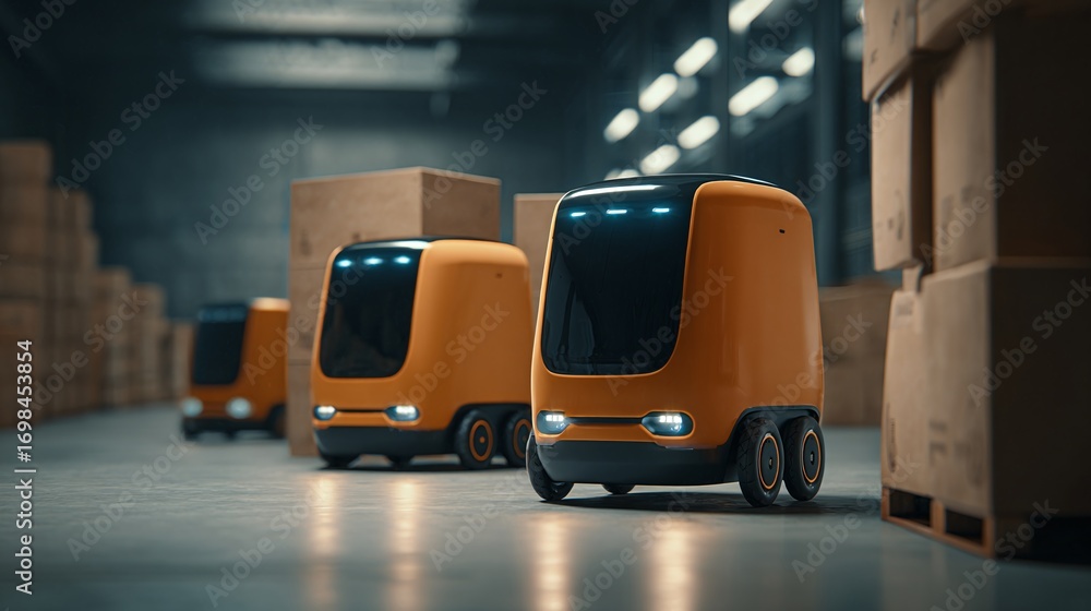 Poster automated orange delivery robots with digital interfaces, navigating a warehouse filled with stacks 