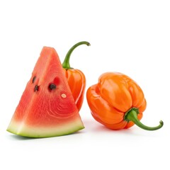 Fresh watermelon slice and vibrant orange habanero peppers isolated on white transparent background