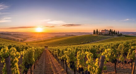 Fototapeta premium Golden Sunset Over Tuscan Vineyard Rolling Hills Estate Architecture