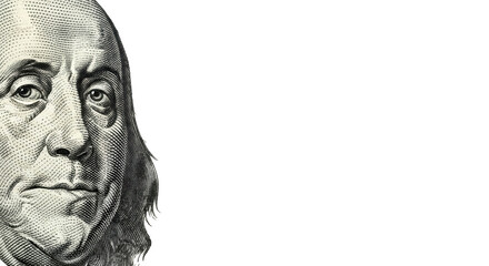 Hyper-detailed macro close-up of Benjamin Franklin's engraved portrait from a US 100 dollar bill, intricate lines, paper texture, bright white background, concept of financial detail