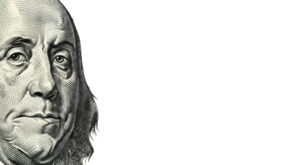 Hyper-detailed macro close-up of Benjamin Franklin's engraved portrait from a US 100 dollar bill, intricate lines, paper texture, bright white background, concept of financial detail