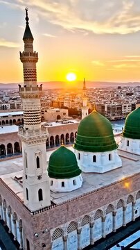 An aerial view of the majestic Masjid Nabawi (Prophet's Mosque) in Medina
