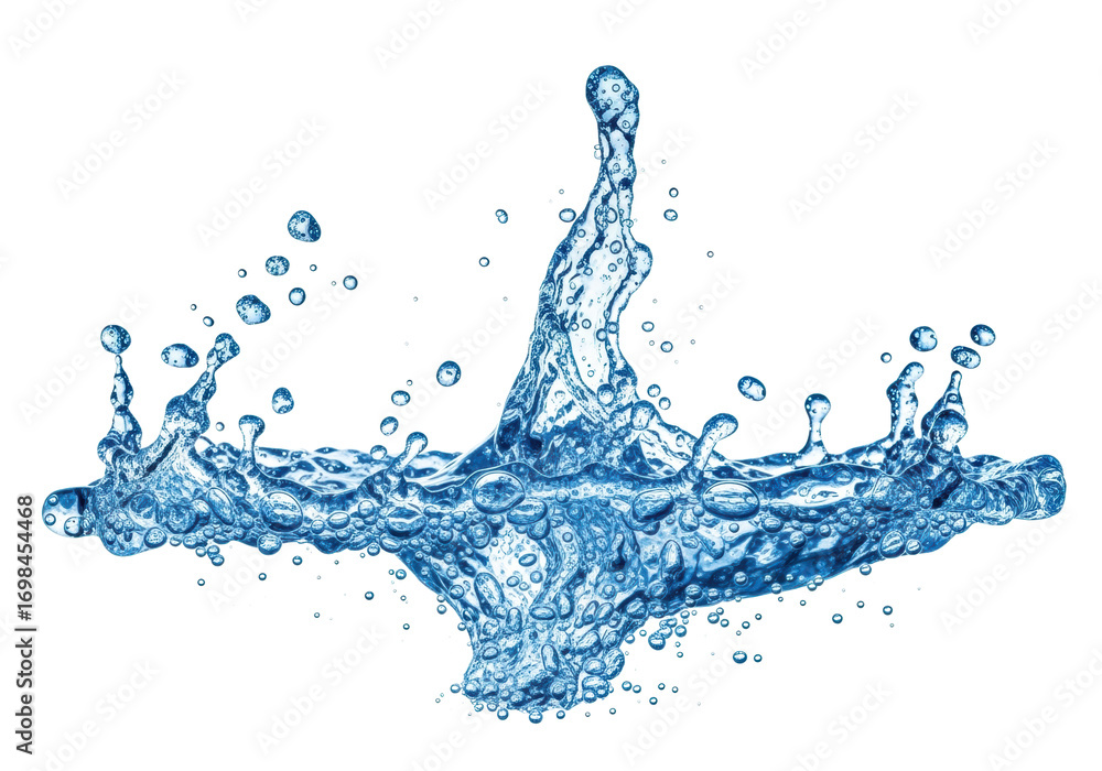 Poster dynamic blue water splash with droplets and shimmering bubbles, frozen mid-motion against a transpar