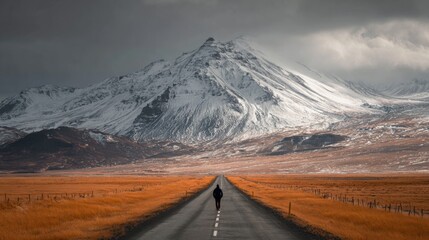 Lonely Road to Snowy Mountains Under Moody Sky