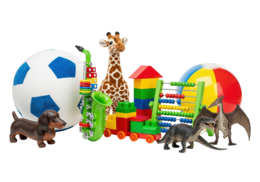 Arranged children's plush, rubber, and plastic toys on transparent background with copy space, bright studio lighting. Concept of childhood play and early education