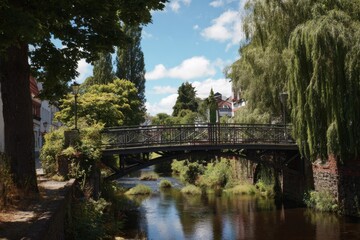 A serene river flows beneath a small black bridge, framed by vibrant trees and historical buildings under a bright blue sky. The peaceful atmosphere invites relaxation