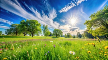 Vibrant Meadow Landscape Featuring Lush Greenery, Blooming Wildflowers, and a Sunlit Sky with Wispy Clouds