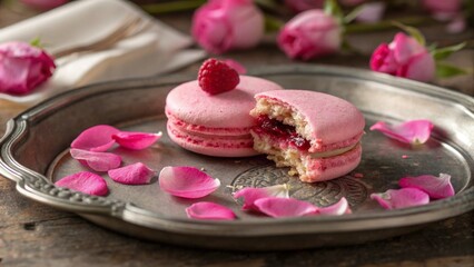 Pink macarons on a plate.