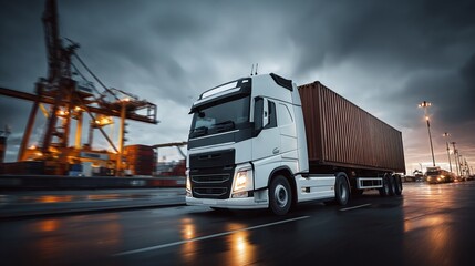 Logistics on the move: A transport truck swiftly carries cargo, emphasizing speed and reliability in global trade. Delivering goods under a dramatic sky.