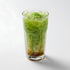 Green pandan jelly noodles in sweet coconut milk and palm sugar syrup, a refreshing tropical dessert served in a tall glass on a clean white background