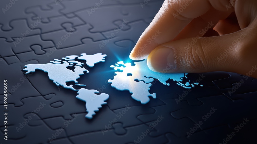Poster hand placing light blue puzzle piece on world map concept representing global connection and problem