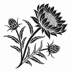 Black and white stylized floral illustration with buds and a blooming flower
