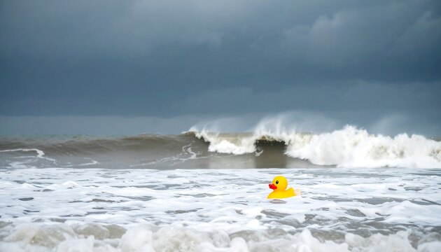 A yellow rubber duck in stormy waves