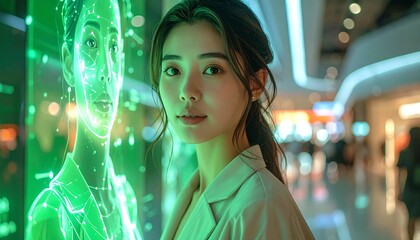 Man observing a glowing green digital human body scan on a futuristic interface