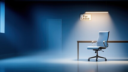 Fototapeta premium Modern Office Space for Lease Featuring a Stylish Chair and Sleek Desk in a Minimalistic Environment with Dim Blue Lighting