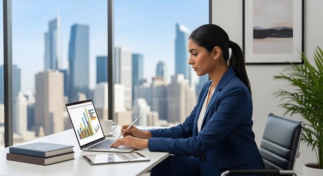 Businesswoman working on laptop in modern office with city skyline view