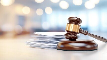 Justice Gavel Resting on a Wooden Block Next to Stacked Paperwork in an Abstract Courtroom Setting