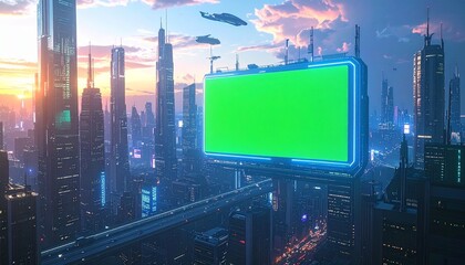 Futuristic sci-fi cityscape with a large green screen billboard for advertising amid flying cars at sunset