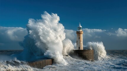 Lighthouse Braving Tides: Wave Crash at Sea Breakwater