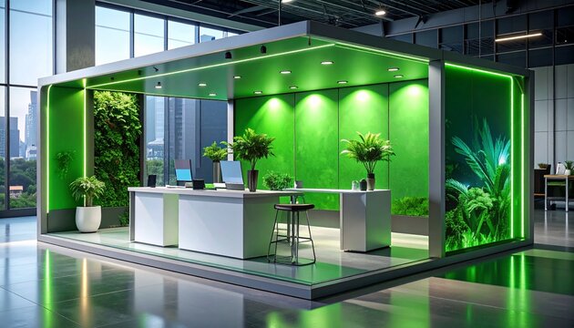 Futuristic exhibition booth showcasing sustainable green technology with biophilic design and vibrant neon illumination