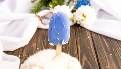 Blue Popsicle in White Knit Hat on Wooden Surface