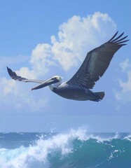 Fototapeta premium Pelican soaring above waves
