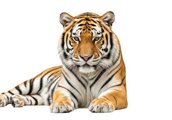 Obraz premium Adult majestic siberian tiger with vibrant orange and black stripes, intense amber eyes, powerful paws, lying down on a transparent studio background with copy space, concept of raw animal power