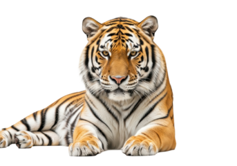 Adult majestic siberian tiger with vibrant orange and black stripes, intense amber eyes, powerful paws, lying down on a transparent studio background with copy space, concept of raw animal power