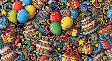 Colorful Birthday Doodle Pattern with Cakes, Balloons, and Gifts