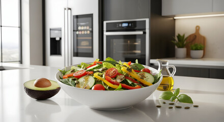 Fresh salad with vibrant vegetables and creamy avocado served in a modern kitchen