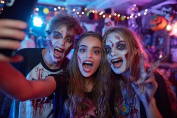Three friends pose for a selfie wearing zombie costumes with fake blood and makeup at a lively Halloween party. Colorful lights and decorations create a festive atmosphere