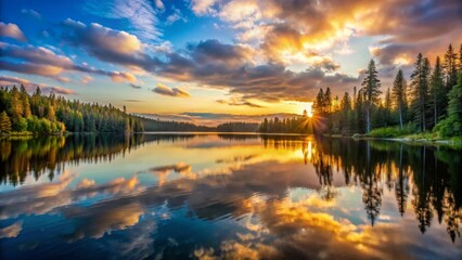 Naklejka premium Serene Sunset Reflection on a Calm Lake, Surrounded by Evergreen Trees and Colorful Clouds
