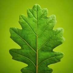 A vibrant green oak leaf, detailed in its structure, is featured against a bright lime green background.