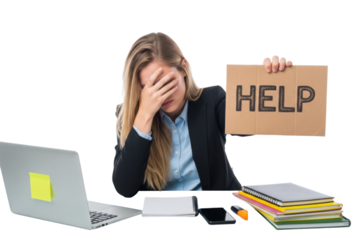 Stressed blonde caucasian businesswoman in suit covers face, holding 'HELP' sign on cardboard at desk, laptop, white background, concept of work burnout