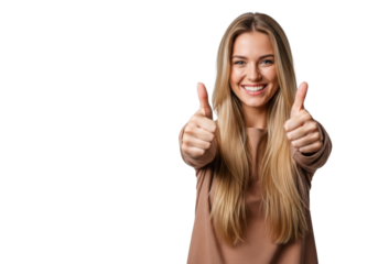 Young caucasian woman, mid-20s, long blonde hair, casual top, smiling, hands with thumbs up, light grey studio backdrop with left copy space, concept of success and approval