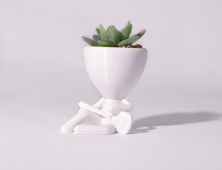 white fliwer pot in a shape of man whith green succulent 