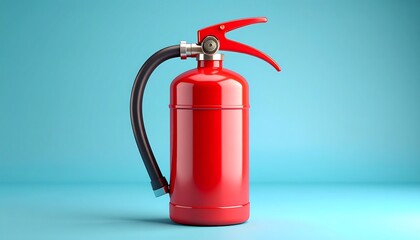 Isolated bright red fire extinguisher on a blue background for safety