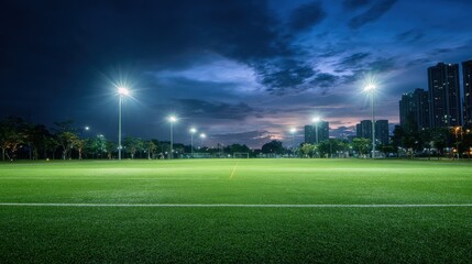 Vibrant sports field illuminated at dusk, ready for evening games and activities in a city park