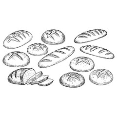 Set of different types of bread and bakery products. Simple elements 