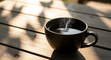 Aromatic Coffee Cup: A close-up shot of a steaming cup of coffee on a wooden table bathed in warm sunlight morning